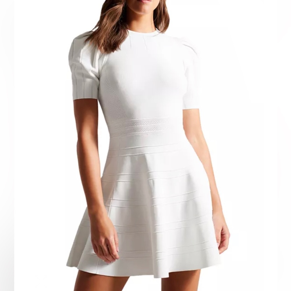 Ted Baker London Stretch Knit Puff Sleeve Skater Mini Dress Ivory White Sz US 8